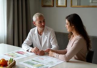 Nutritionist consulting with a client at a table with health materials