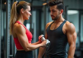 PrimaFit trainer helping client with exercise form using free weights