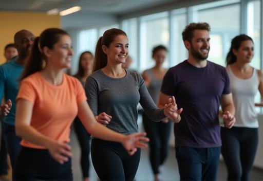Group of office workers participating in an on-site fitness class together, smiling