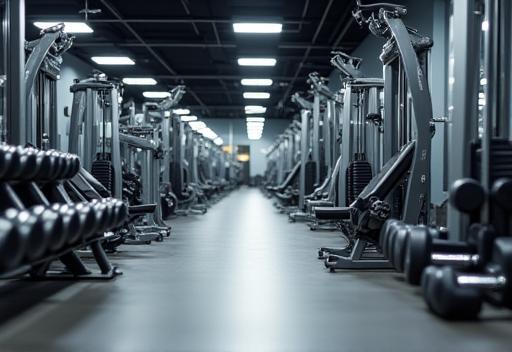 Various high-quality gym equipment including dumbbells and machines in a modern setting