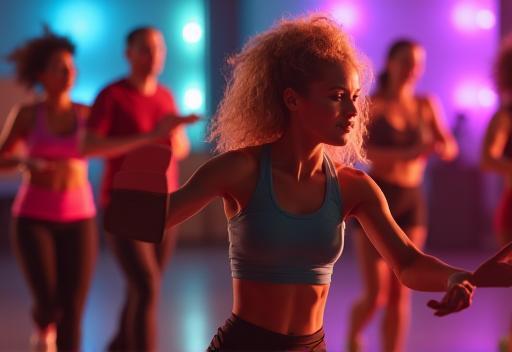 Group of people doing energetic Zumba class together