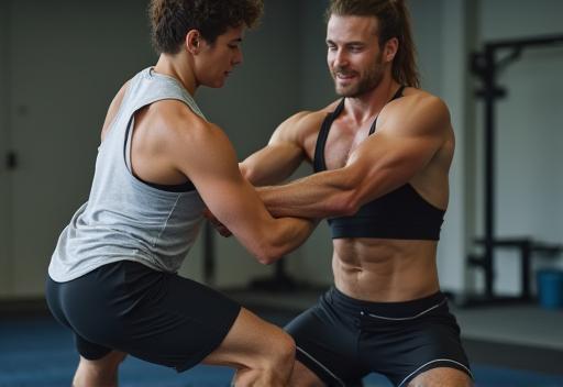 Trainer assisting client during personal training session on a mat
